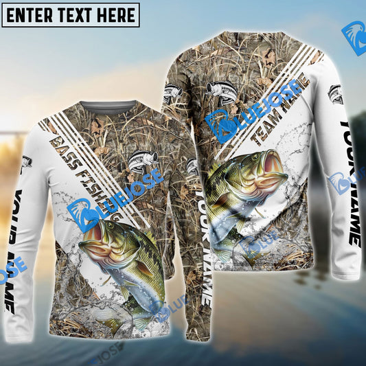 Bluejose Bass Fishing White And Grass Camo Sport Custom Name & Team Name 3D Shirts