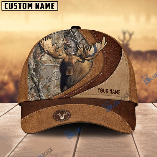 BlueJose Moose Hunting Brown Leather Pattern Personalized Name Cap (5 Colors)