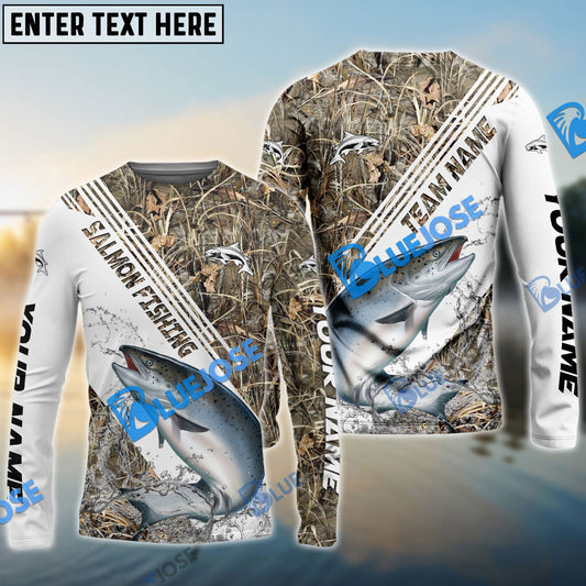 Bluejose Salmon Fishing White And Grass Camo Sport Custom Name & Team Name 3D Shirts