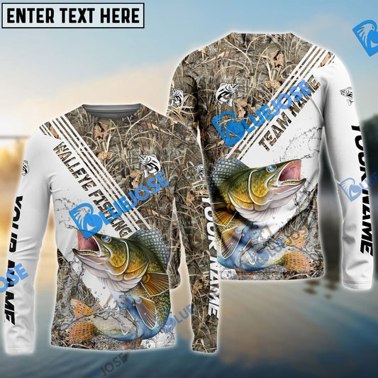 Bluejose Walleye Fishing White And Grass Camo Sport Custom Name & Team Name 3D Shirts