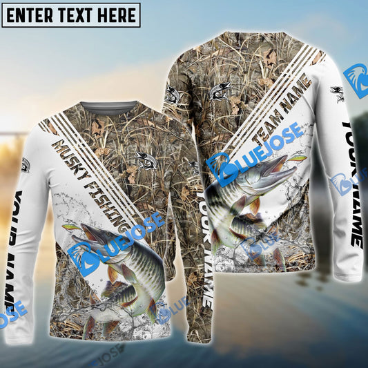 Bluejose Musky Fishing White And Grass Camo Sport Custom Name & Team Name 3D Shirts