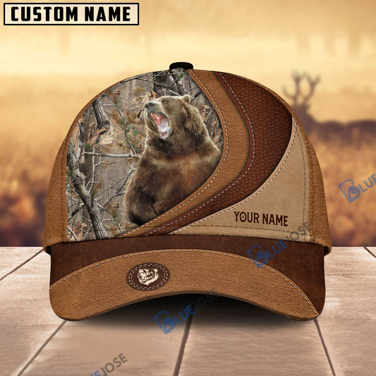 BlueJose Bear Hunting Brown Leather Pattern Personalized Name Cap (5 Colors)