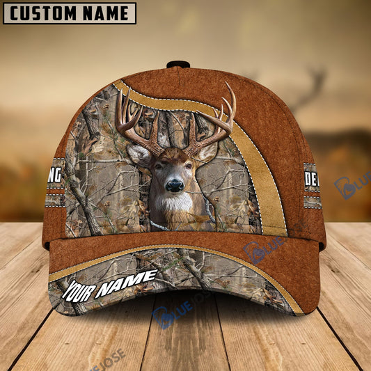 BlueJose Deer Hunting Light Brown Leather Pattern Personalized Name Cap