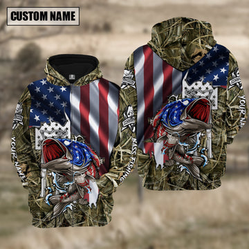 Bluejose American Flag Patriotic Largemouth Bass Camo Fishing Custom Name 3D Hoodie