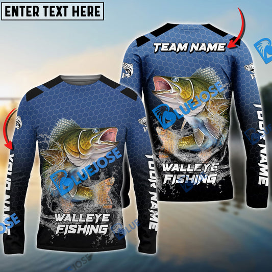 Bluejose Walleye Fishing Navy Hexagon Sport Custom Name & Team Name 3D Shirts