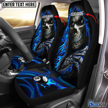 BlueJose 8 Ball Skull Billiard Personalized Name Car Seat Covers (2Pcs)