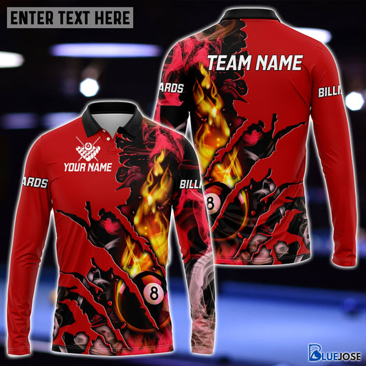 BlueJose Billiards Flame Smoke Pattern Personalized Name, Team Name Unisex Shirt