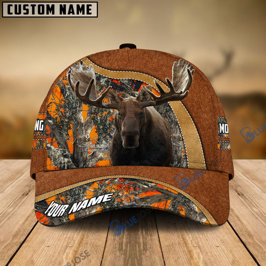 BlueJose Moose Hunting Light Brown Leather Pattern Personalized Name Cap