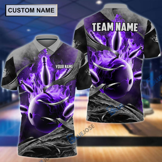 BlueJoses Fire Gray Bowling and Pins Personalized Name Team Name 3D Shirt (4 Colors), Personalized Shirts For Bowling Players