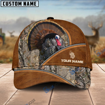 BlueJose Turkey Hunting Premium Brown Leather Pattern Personalized Name Cap