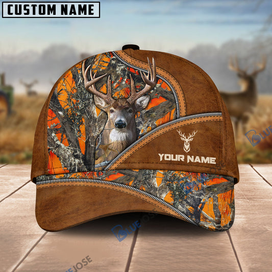 BlueJose Deer Hunting Premium Brown Leather Pattern Personalized Name Cap