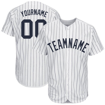 BlueJose Custom White Navy Pinstripe Navy Baseball Jersey