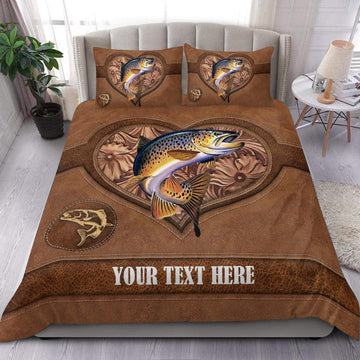 BlueJose Trout Fishing Heart Leather Pattern Personalized Bedding Set