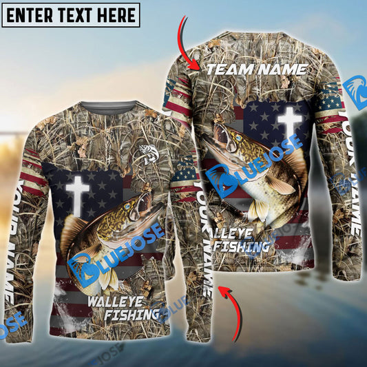 Bluejose Walleye Fishing Cross Camo Custom Name & Team Name 3D Shirts