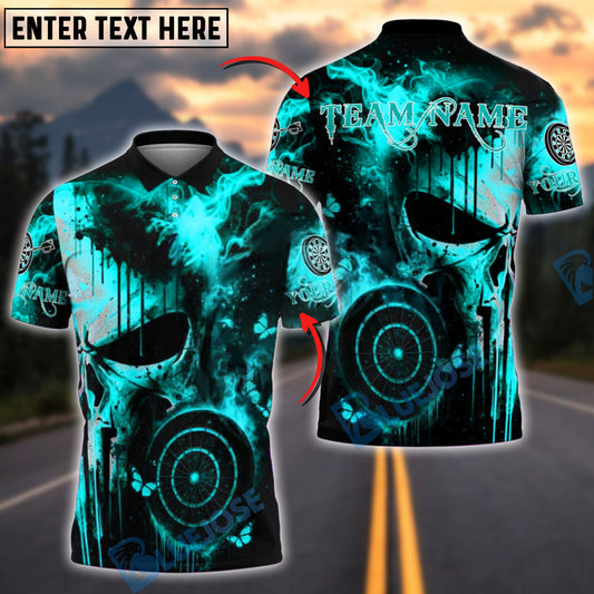 BlueJose Darts Punisher Skull Fire Flames Customized Name, Team Name 3D Shirt (4 Colors)