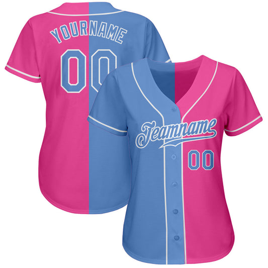 BlueJose Custom Pink Light Blue-White Authentic Split Fashion Baseball Jersey