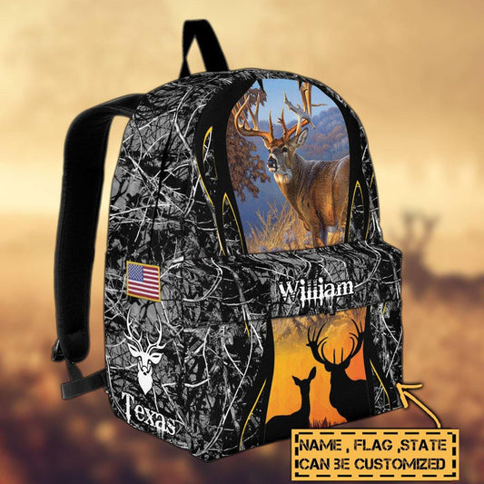 BlueJose Deer Hunting Name State & Flag Personalized Backpack