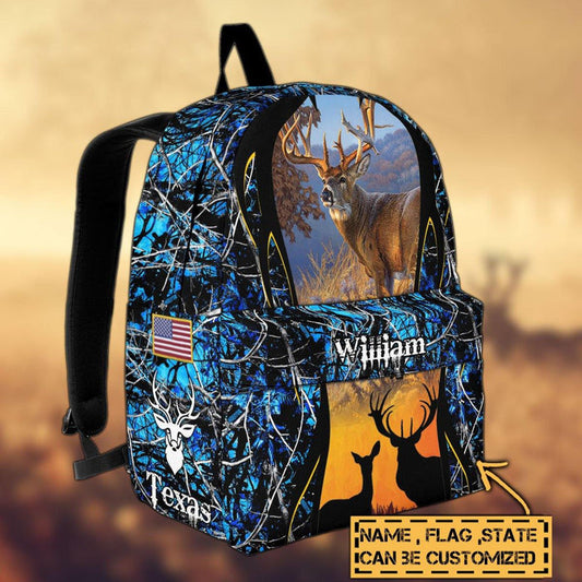 BlueJose Deer Hunting Name State & Flag Personalized Backpack