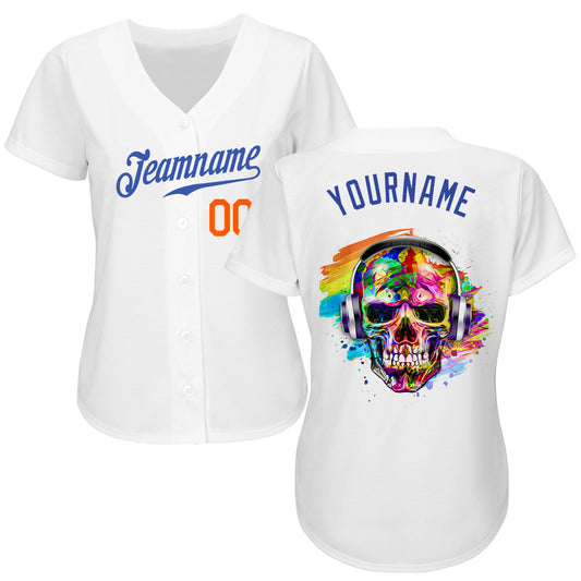 BlueJose Custom White Royal-Orange Skull Fashion Baseball Jersey
