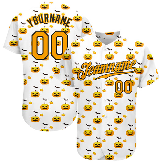 BlueJose Custom White Gold-Black 3D Pattern Design Halloween Pattern With Pumpkins Baseball Jersey
