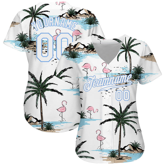 BlueJose Custom White White-Light Blue 3D Pattern Design Hawaii Palm Trees Authentic Baseball Jersey