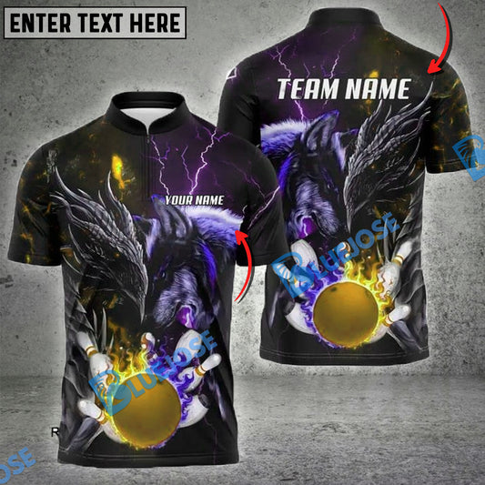 BlueJoses Bowling And Pins Dragon And Wolf Multicolor Customized Name 3D Shirt ( 4 Colors )