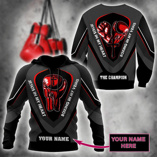 BlueJose Custom Name Jesus In My Heart, Boxing In My Veins 3D Hoodie