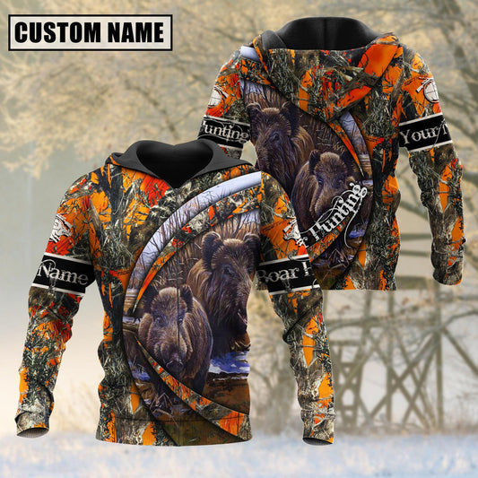 BlueJose Custom Name Hunting Boar Camo US Flag 3D Shirt