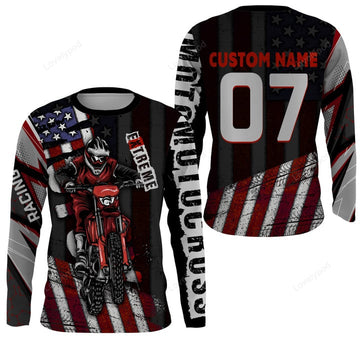 BlueJose Personalized American Flag Dirt Bike Racing Long Sleeve Shirt