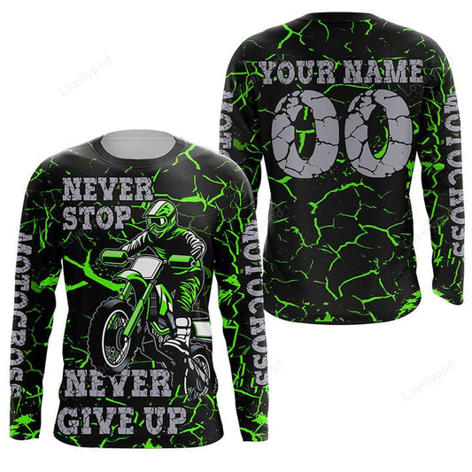 BlueJose Green Motocross Never Stop Dirt Bike Shirt For Boys Racing Motorcycle 3D Hoodie
