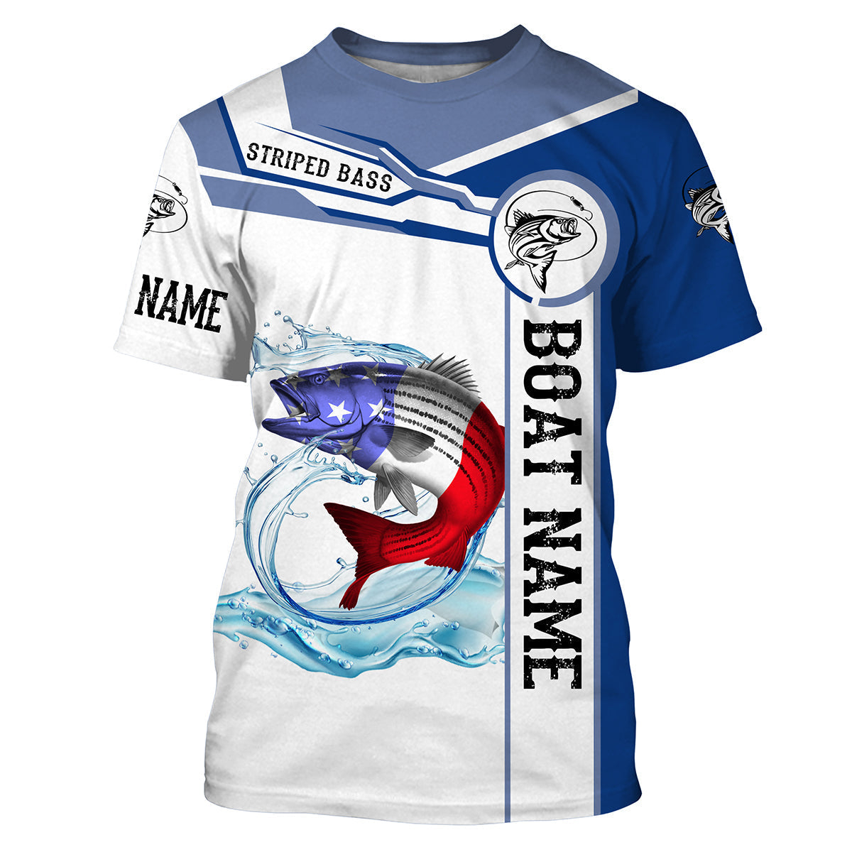 BlueJose Striped Bass Customize Name And Boat Name Fishing Shirt – Blue ...